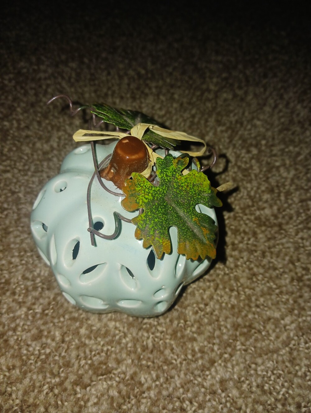 Decorative Ceramic Pumpkin with Green Leaf Accent - Light Blue